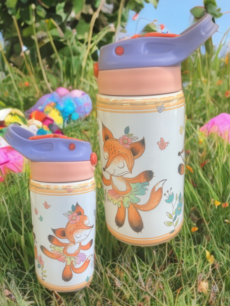 "Fox & Flowers" - Insulated Water Bottle Cute Forest Friends Design for Kids