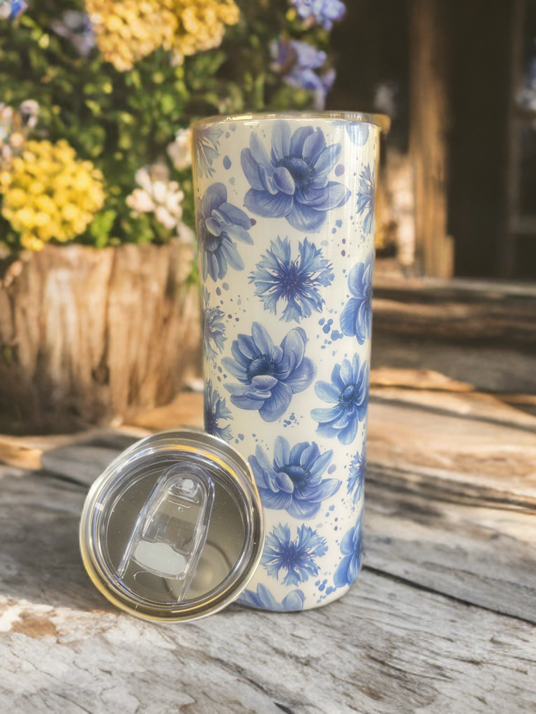 "Blue Blossom" – 20oz Tumbler Elegant Blue Floral