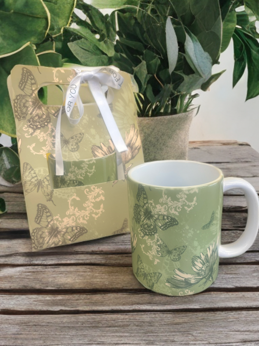 “Butterfly Whispers"– Mug & Gift Bag Set with Personalised Ribbon