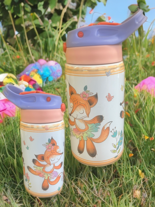 "Fox & Flowers" -  Insulated Water Bottle  Cute Forest Friends Design for Kids