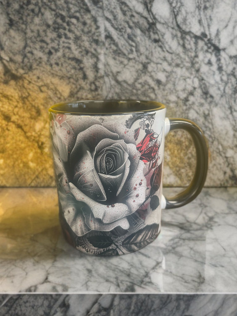 “Splattered Elegance” – Black Handle 11oz Mug with Gothic Floral Art