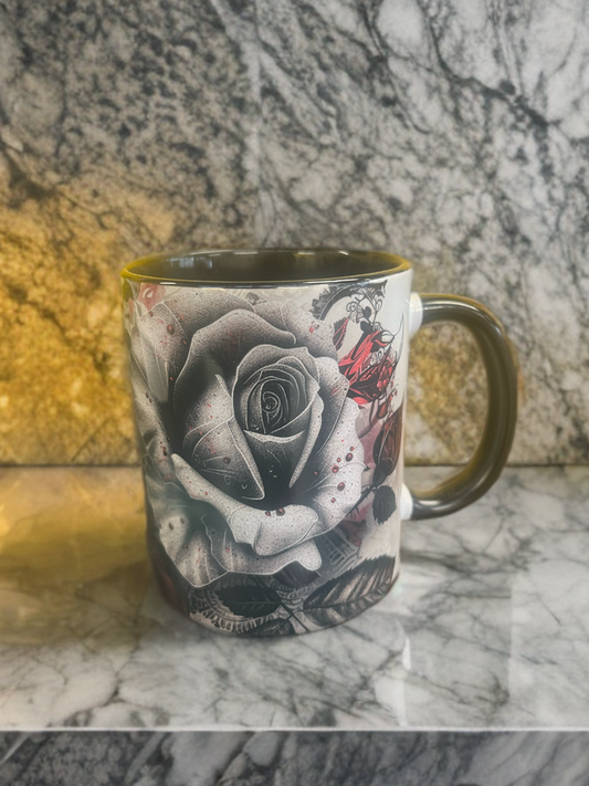 “Splattered Elegance” – Black Handle 11oz Mug with Gothic Floral Art