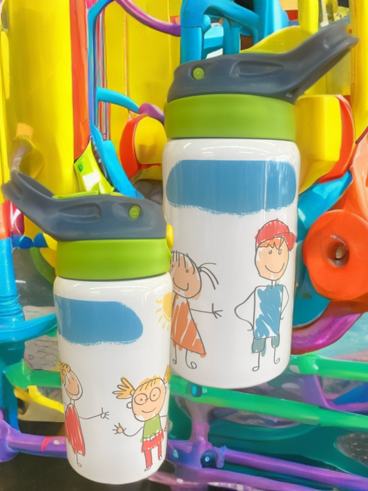 "Smiles & Sips" - Insulated Water Bottle Cartoon Kids Illustration