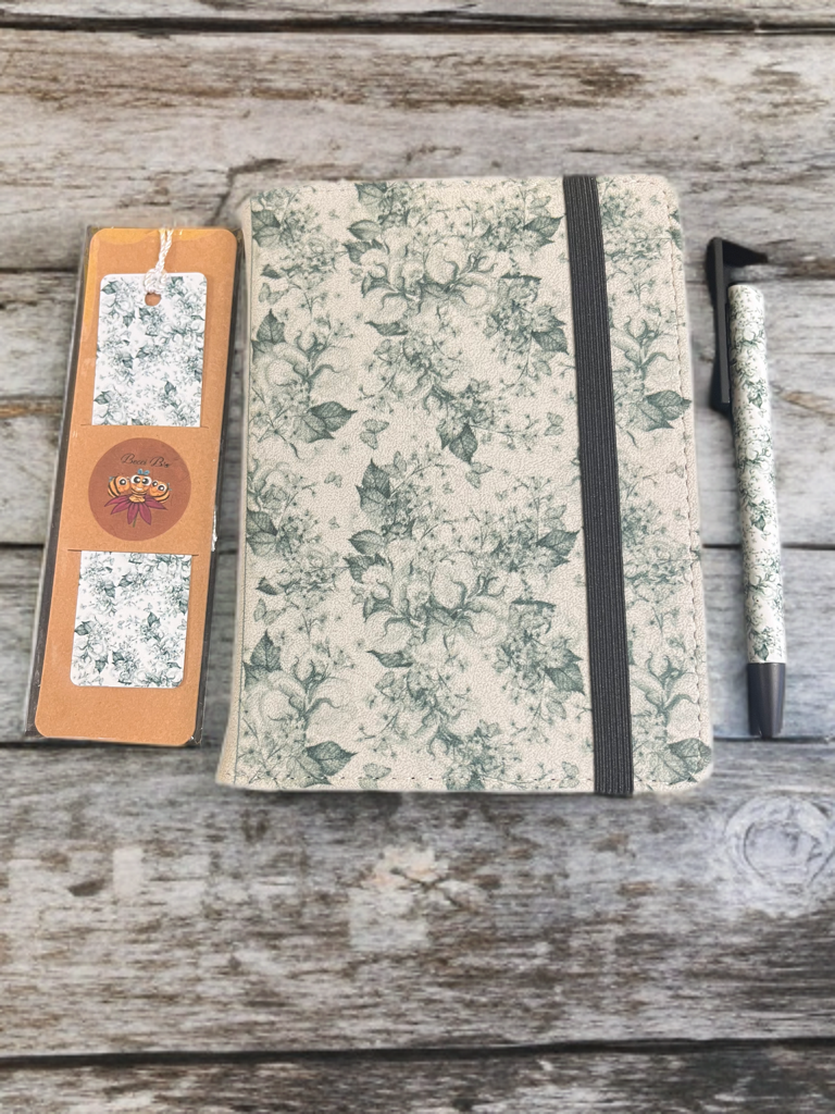 "Botanical Grace" - Notebook Set, Plain Pages with Matching Pen & Bookmark
