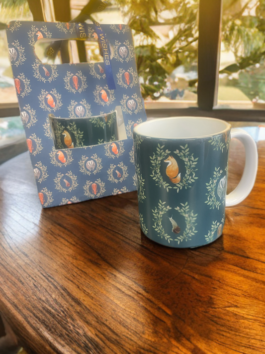 “Fox & Fern Wishes" – Mug & Gift Bag Set with Personalised Ribbon