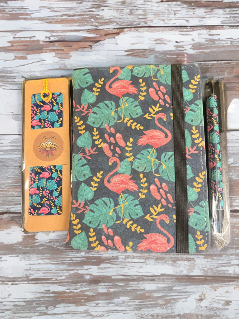 "Flamingo Flair" - Notebook Set, Plain Pages with Matching Pen & Bookmark
