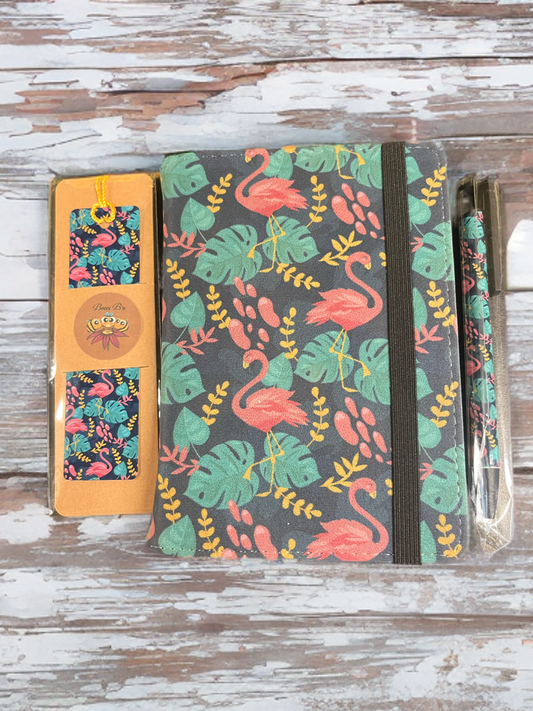 "Flamingo Flair" - Notebook Set, Plain Pages with Matching Pen & Bookmark