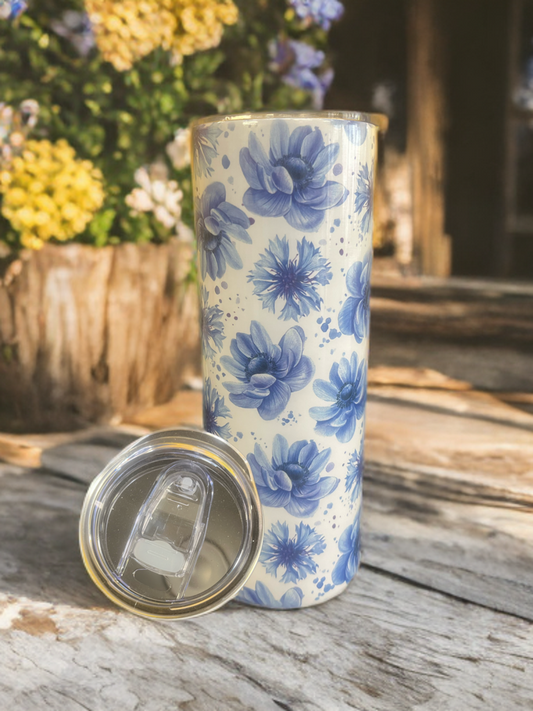 "Blue Blossom" – 20oz Tumbler Elegant Blue Floral
