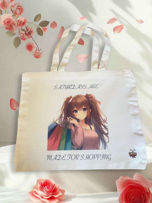 “Shop Day Chic” – Pastel Canvas Tote with Kawaii Flair